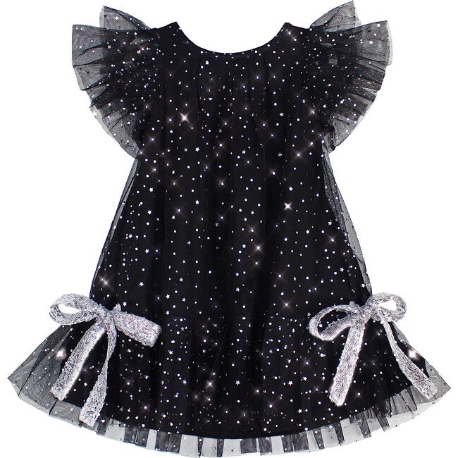 Athénée Flutter Sleeve Tulle Dress With Bow, Black Shimmer